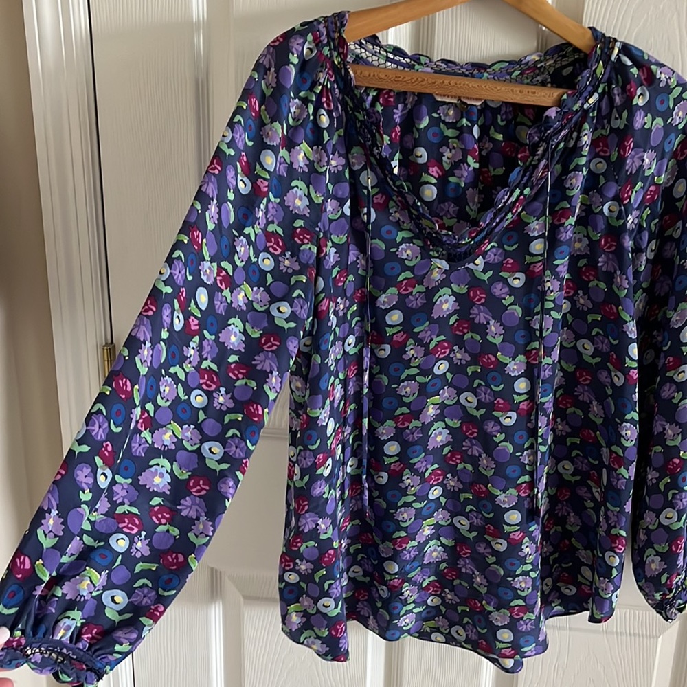 Rebecca Taylor 100% Silk Purple Floral Longsleeve V-Neck Size 6 - Picture 1 of 7